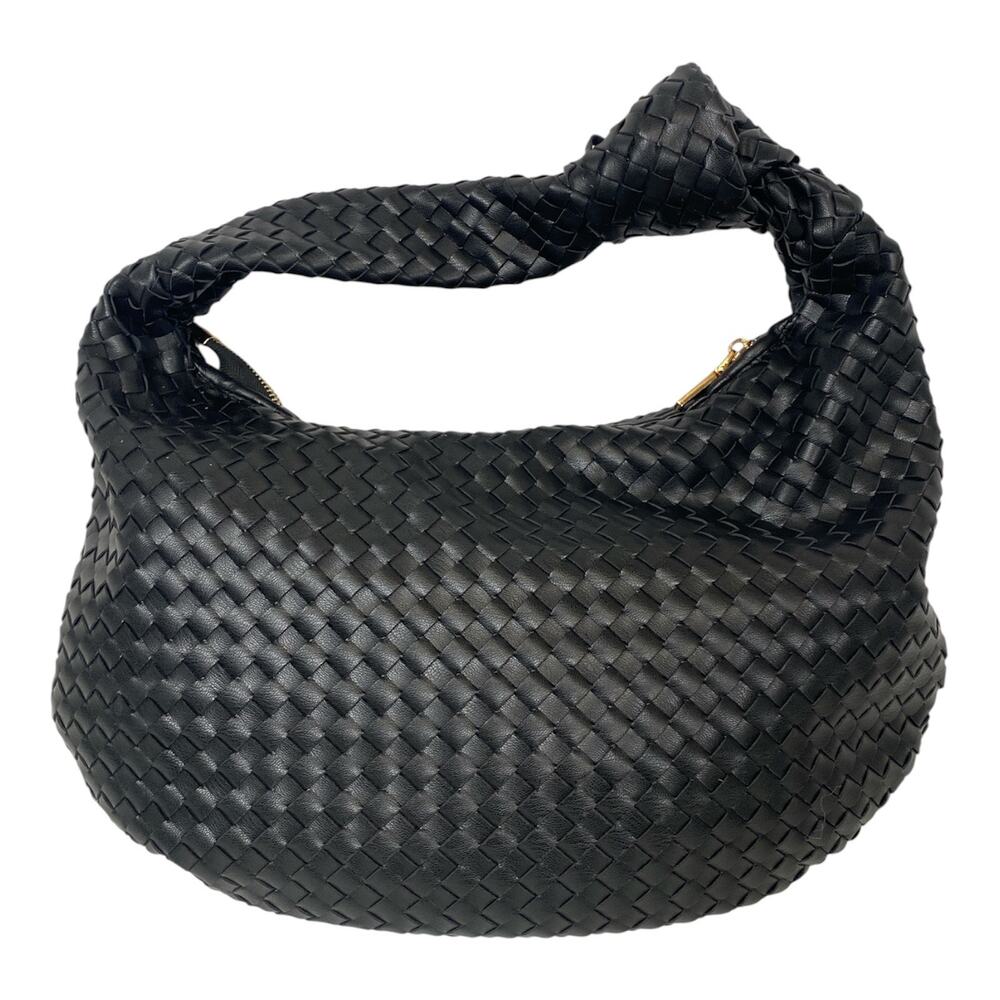 Melie Bianco Black Vegan Leather Woven Hobo Shoulder Bag Medium